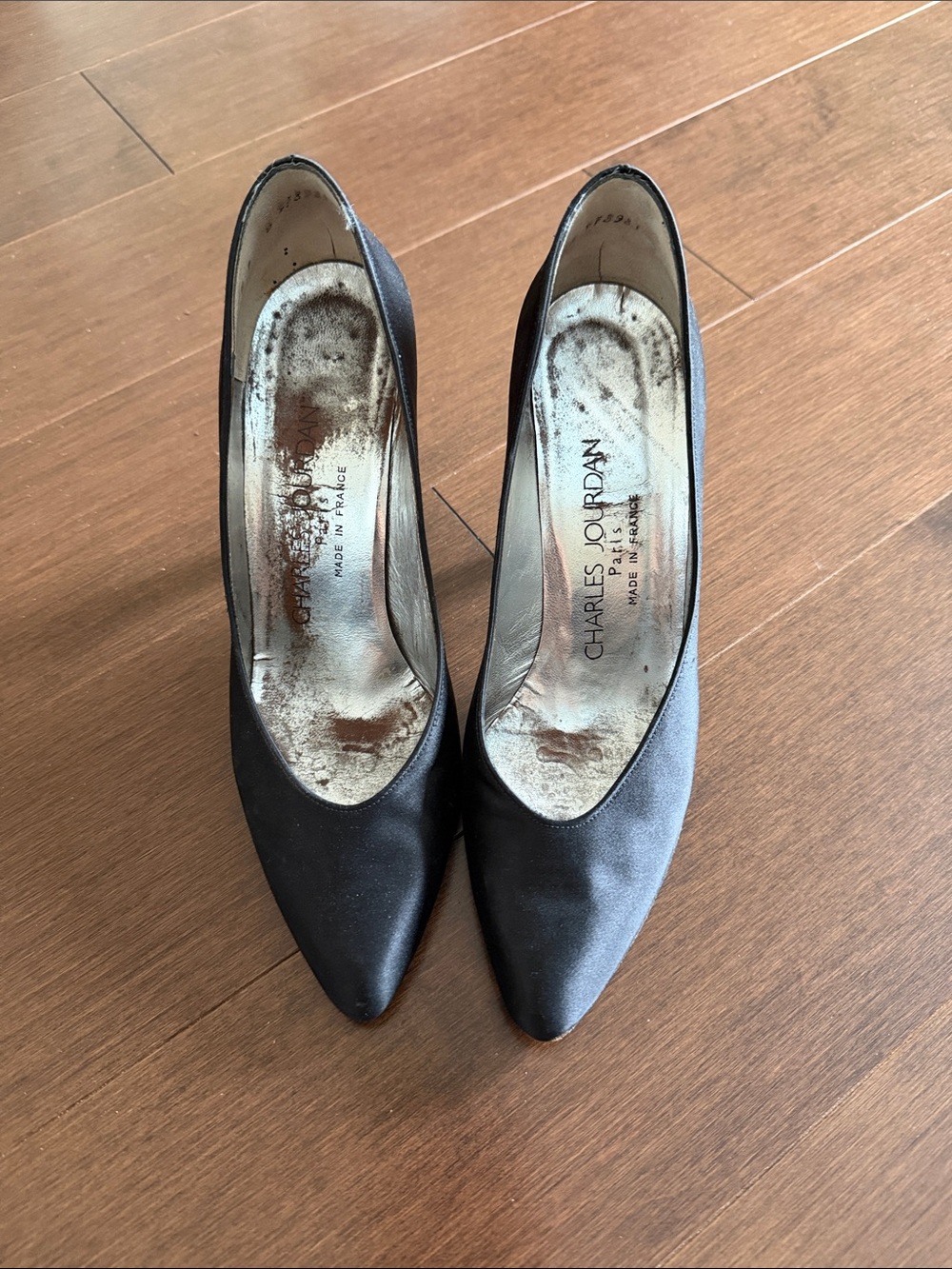 Charles Jourdan Black Satin Pointed Pumps